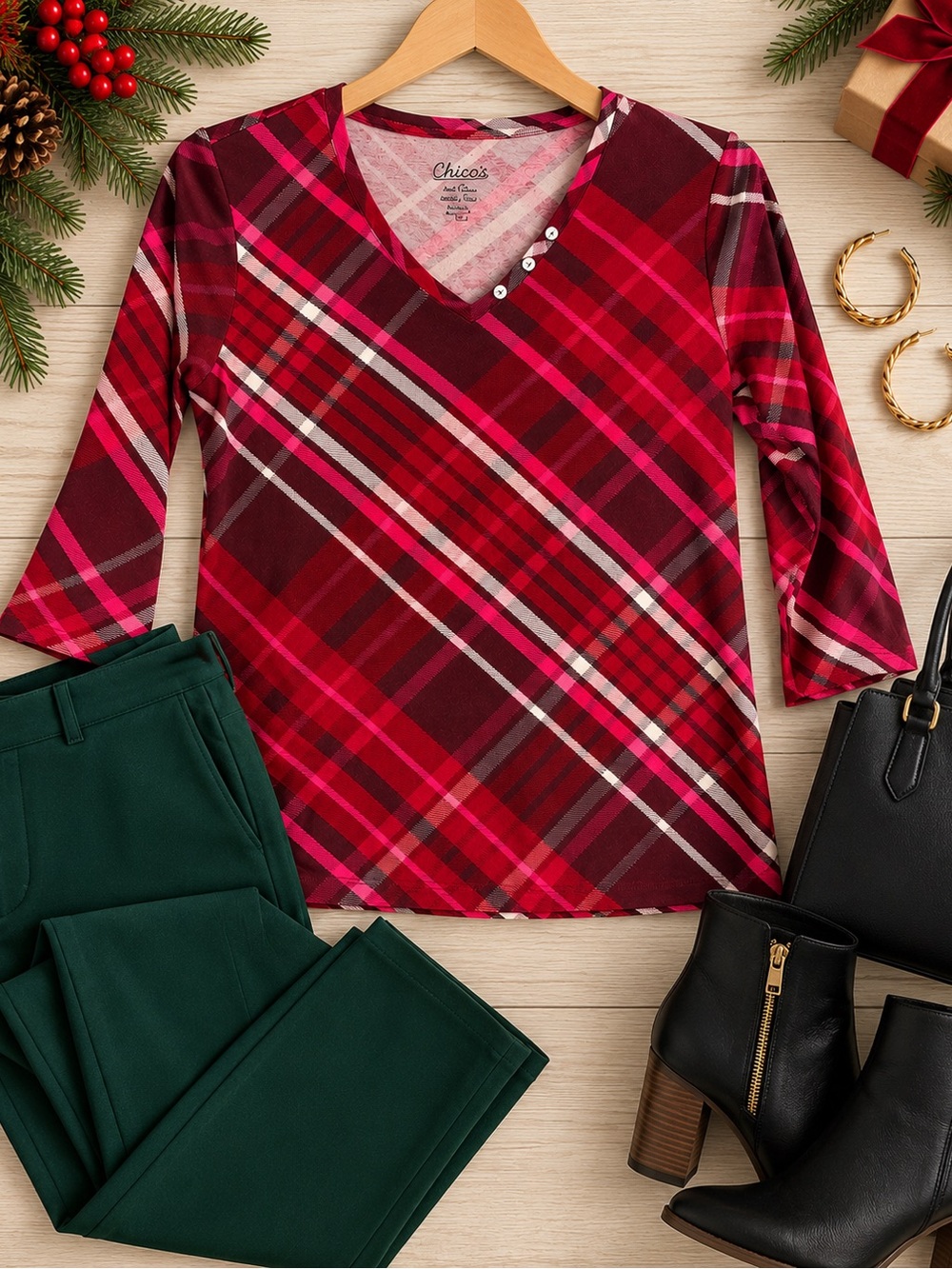 Chico's Red and Berry Plaid V-Neck Long Sleeve Top